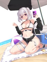 Rule 34 | 1girl, ball, bare shoulders, beach, beach mat, beach umbrella, beachball, belt, bikini, black bikini, black jacket, breasts, cellphone, choker, cleavage, closed mouth, closers, cooler, cropped jacket, crotch zipper, hair ornament, hairclip, halterneck, hands up, highres, holding, holding phone, jacket, large breasts, levia (closers), long hair, long sleeves, looking at viewer, mismatched bikini, navel, non-web source, off shoulder, official art, open clothes, open jacket, phone, pointy ears, purple eyes, seiza, sitting, slippers, smartphone, smile, solo, stomach, string bikini, sweatdrop, swimsuit, thigh strap, thighs, umbrella, white bikini, white choker, white hair, zipper