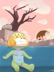 Rule 34 | 1boy, 1girl, animal crossing, blush stickers, breasts, brown hair, cleft of venus, closed eyes, closed mouth, dog girl, full body, furry, highres, isabelle (animal crossing), navel, nintendo, nipples, nude, nyoron-nyan, onsen, outdoors, partially submerged, pussy, sitting, small breasts, smile, tree, uncensored, underwater, villager (animal crossing), voyeurism, water