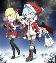 Rule 34 | 2girls, bag, bat wings, black legwear, blonde hair, blue hair, boots, capelet, coffee cup, corset, cup, disposable cup, dress, eating, elbow gloves, flandre scarlet, gloves, hat, high heels, jacket, multiple girls, night, noya makoto, open clothes, open jacket, open mouth, pointy ears, red dress, red eyes, red gloves, remilia scarlet, santa costume, santa hat, siblings, side ponytail, sisters, sky, star (sky), starry sky, thighhighs, touhou, white dress, wings, zettai ryouiki