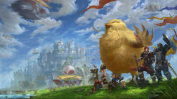 Rule 34 | 10s, absurdres, aircraft, airship, armor, breasts, castle, chocobo, cleavage, cloud, elezen, elf, fat chocobo, final fantasy, final fantasy xiv, flag, highres, hyur, lalafell, miqo&#039;te, pointy ears, roegadyn, scenery, sky, sword, weapon