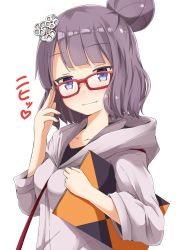 Rule 34 | 1girl, aikawa ryou, blue eyes, breasts, collarbone, commentary request, dot nose, fate/grand order, fate (series), glasses, hair ornament, hairclip, highres, holding, katsushika hokusai (fate), long sleeves, looking at viewer, official alternate costume, short hair, simple background, small breasts, smile, solo, textbook, translation request, upper body, white background