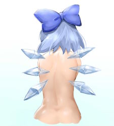 Rule 34 | 1girl, back, back focus, bad id, bad pixiv id, bakkanki, blue hair, cirno, from behind, gradient background, hair ornament, hair ribbon, ice, ice wings, nude, ribbon, short hair, solo, touhou, wings