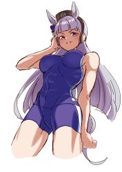 Rule 34 | 1girl, absurdres, animal ears, blue one-piece swimsuit, blue shorts, blunt bangs, commentary request, competition school swimsuit, competition swimsuit, cowboy shot, gold ship (umamusume), grey hair, groin, highres, horse ears, horse girl, horse tail, long hair, looking at viewer, one-piece swimsuit, pillbox hat, purple eyes, school swimsuit, senchan 7, shorts, simple background, skin tight, solo, swimsuit, tail, tracen swimsuit, umamusume, white background