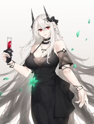 Rule 34 | 1girl, absurdres, arknights, bare shoulders, black choker, black dress, black gloves, breasts, champagne flute, choker, cleavage, commentary, cowboy shot, cup, detached sleeves, dress, drinking glass, gloves, grey background, hand up, highres, holding, holding cup, horns, large breasts, long hair, looking at viewer, mudrock (arknights), mudrock (obsidian) (arknights), official alternate costume, pointy ears, red eyes, short sleeves, single glove, sleeveless, sleeveless dress, smile, solo, standing, valenna, very long hair, white hair