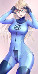 Rule 34 | 1girl, artist request, blonde hair, bodysuit, breasts, fantastic four, glasses, gloves, green eyes, highres, large breasts, lips, long hair, looking away, marvel, shiny clothes, skin tight, solo, sue storm, susan storm