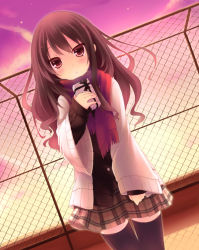 Rule 34 | 1girl, backlighting, black thighhighs, blush, brown hair, chain-link fence, dutch angle, fence, gift, long hair, long sleeves, looking at viewer, original, plaid, plaid skirt, red scarf, ryo (botugo), scarf, skirt, solo, sunset, thighhighs, valentine, zettai ryouiki