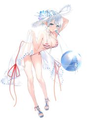 Rule 34 | 1girl, arm behind head, arm up, ball, beachball, bikini, blue eyes, breasts, flower, hair ornament, hat, highres, holding, holding clothes, holding shirt, looking at viewer, medium breasts, official art, ribbon, sandals, sarong, see-through, see-through sarong, shirt, short hair, siesta (tantei wa mou shindeiru), simple background, solo, straw hat, striped bikini, striped clothes, swimsuit, tantei wa mou shindeiru, umibouzu (niito), white background, white hair, white hat, white shirt, x hair ornament