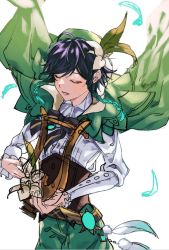 Rule 34 | 1boy, androgynous, bad id, bad pixiv id, beret, black hair, blue hair, bow, braid, brooch, closed eyes, collared cape, collared shirt, commentary request, corset, feathers, flower, frilled sleeves, frills, gem, genshin impact, gradient hair, green hat, green shorts, hair flower, hair ornament, hat, highres, holding, holding instrument, instrument, jewelry, leaf, long sleeves, lyre, male focus, multicolored hair, omotim000, open mouth, shirt, short hair with long locks, shorts, side braids, sidelocks, simple background, solo, twin braids, venti (genshin impact), vision (genshin impact), white background, white flower, white shirt