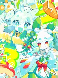 Rule 34 | 1boy, 1girl, :&lt;, :d, animal ears, aqua eyes, bell, blush stickers, carrot, closed mouth, clover-shaped pupils, colored skin, gradient hair, green theme, highres, japanese clothes, light green hair, looking at viewer, midriff, multicolored hair, open mouth, original, rabbit boy, rabbit ears, rabbit girl, red eyes, smile, sowao., symbol-shaped pupils, v-shaped eyebrows, white hair, white skin