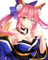 Rule 34 | 10s, 1girl, animal ears, blush, breasts, chrisandita, cleavage, detached sleeves, fate/extra, fate/extra ccc, fate/grand order, fate (series), fox ears, fox tail, hair ribbon, hand on own chest, highres, japanese clothes, large breasts, light smile, pink hair, ribbon, simple background, solo, tail, tamamo no mae (fate/extra), white background, yellow eyes