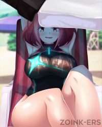 Rule 34 | 1girl, absurdres, beach, breasts, competition swimsuit, cum, cum on body, cum on breasts, cum on upper body, highres, large breasts, looking at viewer, one-piece swimsuit, open mouth, pyra (pro swimmer) (xenoblade), pyra (xenoblade), red eyes, red hair, see-through, self-upload, short hair, sitting, skin tight, swimsuit, thick thighs, thighs, umbrella, wet, wet clothes, wet swimsuit, xenoblade chronicles (series), xenoblade chronicles 2
