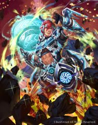 Rule 34 | 1boy, abs, armor, armored boots, ball, blue eyes, boots, cardfight!! vanguard, company name, fire, full body, gigantech shot putter, headband, hmk84, male focus, navel, official art, red hair, rock, solo, sparkle