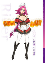 Rule 34 | 1girl, absurdres, ahoge, alcohol, apron, bare shoulders, beer, blue eyes, blush, boots, bow, braid, breasts, character name, cleavage, corset, cross-laced footwear, cup, detached sleeves, dress, fate/extra, fate/grand order, fate (series), francis drake (fate), frilled dress, frilled sleeves, frills, full body, hair bow, high heel boots, high heels, highres, holding, holding cup, knee boots, lace-up boots, large breasts, long hair, looking at viewer, maid, maid apron, maid headdress, open mouth, pantyhose, pink hair, red dress, scar, short dress, simple background, single braid, smile, solo, standing, very long hair, white background, white pantyhose, yd (orange maru)