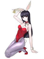 Rule 34 | 1girl, :&lt;, aegis (nerocc), animal ears, arm support, arm up, bare shoulders, black hair, breasts, chain, collar, fake animal ears, female focus, high heels, highres, kneeling, long hair, looking at viewer, original, pantyhose, playboy bunny, rabbit ears, rabbit tail, red eyes, solo, tag, tail, transparent background, wrist cuffs