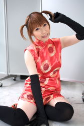 Rule 34 | 1girl, arm support, asian, black gloves, black thighhighs, blurry, braid, brown hair, character request, china dress, chinese clothes, chippi, cosplay, depth of field, dress, elbow gloves, gloves, highres, indoors, looking at viewer, photo (medium), short dress, sitting, sleeveless, smile, solo, tagme, thighhighs, twin braids, yokozuwari