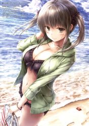 Rule 34 | 10s, 1girl, absurdres, bikini, bikini under clothes, black bikini, blush, breasts, brown eyes, brown hair, cleavage, closed mouth, collarbone, frilled bikini, frills, from side, grey hair, hand up, highres, hood, hoodie, kantai collection, large breasts, navel, ocean, open clothes, open hoodie, scan, smile, solo, suien, swimsuit, twintails, zuikaku (kancolle)