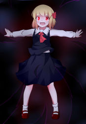 Rule 34 | 1girl, :d, blonde hair, darkness, hair ribbon, highres, open mouth, outstretched arms, popomu, red eyes, ribbon, rumia, shirt, short hair, skirt, smile, solo, spread arms, touhou, vest