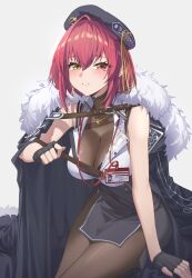Rule 34 | 1girl, black beret, black bra, black cape, black gloves, black skirt, bra, bra peek, breasts, cape, cleavage, earrings, fingerless gloves, fur-trimmed cape, fur trim, gloves, hand up, heterochromia, highres, hololive, houshou marine, houshou marine (businesswoman), jewelry, large breasts, leaning forward, looking at viewer, medium hair, name tag, necklace, parted lips, red eyes, red hair, reulem, see-through, shirt, sitting, skirt, sleeveless, sleeveless shirt, solo, underwear, virtual youtuber, white shirt, yellow eyes