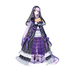 Rule 34 | 1girl, absurdly long hair, absurdres, black footwear, closed mouth, commentary request, dress, expressionless, fire emblem, fire emblem: the binding blade, fire emblem heroes, frilled dress, frills, full body, highres, holding, jewelry, lolita fashion, long dress, long hair, long sleeves, looking at viewer, necklace, nintendo, official art, puffy sleeves, purple eyes, purple hair, see-through, simple background, solo, sophia (fire emblem), standing, stuffed toy, urata asao, veil, very long hair, white background, wrist cuffs