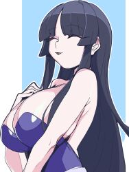 Rule 34 | 1girl, absurdres, bare shoulders, black hair, blunt bangs, breasts, cleavage, closed eyes, dress, hand on own chest, highres, hime cut, juicycloney, kaguya jingu, large breasts, long hair, sleeveless, sleeveless dress, solo, tongue, tongue out, under night in-birth, under night in-birth 2 sys:celes, upper body, very long hair