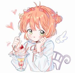 Rule 34 | 1girl, bad id, bad twitter id, blush, bow, brown hair, cardcaptor sakura, cropped torso, food, fruit, green eyes, hair bow, heart, highres, holding, holding spoon, kinomoto sakura, long sleeves, looking at viewer, parfait, pink bow, puffy long sleeves, puffy sleeves, shirt, short hair, signature, simple background, solo, spoon, strawberry, tongue, upper body, white background, white shirt, white wings, wings, yalmyu
