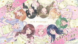 Rule 34 | 6+girls, :d, ^ ^, ahoge, andou tazusa, anniversary, artist request, assault lily, bare arms, bare shoulders, black hair, blonde hair, blunt bangs, braid, braided ponytail, breasts, brown hair, circle formation, closed eyes, closed mouth, clothing cutout, collarbone, commentary request, confetti, crop top, dress, facing viewer, fang, flower, frilled dress, frilled shirt, frilled sleeves, frills, futagawa fumi, gradient background, green hair, hair flower, hair ornament, hair over shoulder, hair spread out, hands up, highres, hitotsuyanagi riri, holding hands, interlocked fingers, jewelry, kaede johan nouvel, kuo shenlin, light particles, long hair, low ponytail, lying, medium breasts, midriff, miriam hildegard von gropius, multicolored background, multiple girls, off-shoulder dress, off shoulder, official art, on back, one side up, open mouth, parted lips, pink background, pink hair, pink ribbon, polka dot, polka dot background, ponytail, puffy short sleeves, puffy sleeves, ribbon, ring, shirai yuyu, shirt, short hair, short sleeves, side ponytail, sidelocks, silver hair, single braid, sleeveless, sleeveless dress, sleeveless shirt, smile, sparkle, striped ribbon, swept bangs, translation request, twintails, two side up, very long hair, w arms, wang yujia, watermark, wavy hair, white background, white flower, yellow background, yellow dress, yellow shirt, yoshimura thi mai