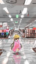 1girl brown_eyes brown_hair ceiling_light dress fluorescent_lamp hand_up hat highres indoors kabuyama_kaigi long_hair long_sleeves looking_to_the_side pink_dress red_shoes reflective_floor school_hat shelf shoes sleeves_past_fingers sleeves_past_wrists socks solo standing supermarket tile_floor tiles tsukuyomi_ai twintails vanishing_point very_long_hair voiceroid white_socks wide_shot