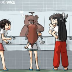 Rule 34 | 10s, 3girls, ahoge, alternate costume, animalization, bear, black hair, brown hair, brushing teeth, checkered wall, cup, dated, different reflection, closed eyes, hair ornament, hair ribbon, hamu koutarou, hand on own hip, hiyou (kancolle), kantai collection, kuma (kancolle), long hair, messy hair, mirror, multiple girls, pants, pun, reflection, ribbon, sandals, sendai (kancolle), shorts, side ponytail, toothbrush