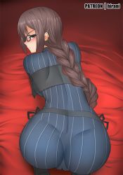 1girl all_fours bed_sheet blush braid breasts brown_eyes brown_hair ear_piercing eyebrows fate/grand_order fate_(series) female_focus from_above from_behind ginhaha glasses half-closed_eyes long_braid long_hair looking_at_viewer looking_back on_bed parted_lips patreon_username piercing scowl single_braid skin_tight solo very_long_hair xiang_yu_(fate) yu_mei-ren_(fate)