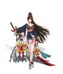 Rule 34 | 1girl, absurdres, black hair, floral print, full body, hair ornament, highres, holding, holding sword, holding weapon, japanese clothes, long hair, onmyoji, parted bangs, pink eyes, ponytail, sandals, shadow, solo, standing, sword, tassel, toumei no hito, very long hair, weapon, wide sleeves, yaodao ji