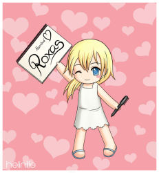 Rule 34 | 1girl, ;), blonde hair, blue eyes, chibi, dress, heart, holding, holding sign, kingdom hearts, looking at viewer, namine, one eye closed, pen, pink background, short hair, sign, simple background, sleeveless, sleeveless dress, smile, solo, sundress, text focus, white dress, wink