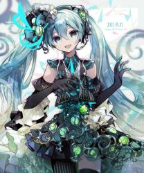 Rule 34 | 1girl, :d, black gloves, black thighhighs, blue eyes, blue hair, blue nails, cowboy shot, cyawa, dot nose, elbow gloves, fingernails, gloves, glowing nails, gradient hair, green skirt, hair between eyes, hair ornament, hands up, happy birthday, hatsune miku, headphones, headset, highres, long hair, looking at viewer, microphone, multicolored hair, nail polish, nails visible through gloves, open mouth, skirt, smile, solo, standing, thighhighs, twintails, very long hair, vocaloid