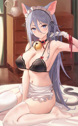 Rule 34 | 1girl, :&gt;, animal ears, apron, arm up, armpits, bare arms, bare shoulders, bell, between legs, black bra, black choker, bra, breasts, cat ears, cat girl, cat tail, choker, cleavage, closed mouth, collarbone, covered erect nipples, duplicate, emyo, fang, garter straps, gloves, grey hair, hair between eyes, indoors, jingle bell, large breasts, lingerie, long hair, looking at viewer, maid, maid apron, maid headdress, navel, no shoes, on floor, original, panties, purple eyes, red ribbon, ribbon, sitting, skindentation, smile, solo, stomach, strap gap, string bra, string panties, tail, thighhighs, thighs, underwear, underwear only, very long hair, waist apron, wariza, white gloves, white thighhighs
