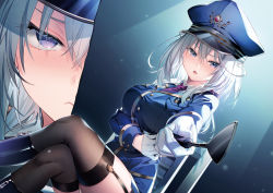 Rule 34 | 1girl, arm under breasts, blue hat, blush, boots, breasts, garter straps, gloves, grey eyes, grey hair, hat, holding, large breasts, lilithea, looking at viewer, mata korosarete shimatta nodesune tantei-sama, necktie, open mouth, police, police hat, police uniform, policewoman, purple necktie, riichu, short hair, sitting, solo, thighhighs, uniform, white gloves