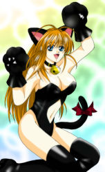 Rule 34 | 1girl, ahoge, animal ears, animal hands, arm up, bell, black thighhighs, blue eyes, blush, bow, breasts, brown hair, cat ears, cat girl, cat paws, cat tail, choker, cleavage, collar, female focus, gloves, hand up, happy, jingle bell, kneeling, long hair, open mouth, ribbon, smile, solo, strapless, tail, thighhighs