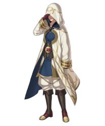 Rule 34 | 1boy, belt, boots, brown footwear, brown gloves, clenched hands, closed mouth, coat, detached sleeves, faceless, fire emblem, fire emblem heroes, full body, gloves, gold trim, hand up, highres, hood, kiran (fire emblem), kiran (male) (fire emblem), knee boots, long coat, long sleeves, male focus, nintendo, non-web source, official art, open clothes, pants, smile, solo, transparent background, white coat, white pants