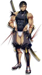 Rule 34 | 1boy, bara, bare shoulders, black hair, blonde hair, bulge, clothing cutout, covered abs, covered erect nipples, covered navel, crotchless, crotchless pants, facial hair, fingerless gloves, full body, fundoshi, gloves, highres, japanese clothes, katana, large pectorals, lying, male focus, male underwear, multicolored hair, muscular, muscular male, ninja (yzpyn), on back, original, pants, pectorals, sandals, scar, scar on arm, scar on face, scar on nose, short hair, skin tight, solo, streaked hair, stubble, sword, thick thighs, thigh cutout, thighs, veins, weapon, white male underwear, yzpyn