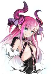 Rule 34 | 10s, 1girl, black dress, blue eyes, breasts, closed mouth, commentary request, curled horns, detached sleeves, dragon horns, dress, elizabeth bathory (fate), elizabeth bathory (fate/extra ccc), elizabeth bathory (first ascension) (fate), fate/extra, fate/extra ccc, fate (series), hair ribbon, head tilt, highres, horns, long hair, pink hair, pointy ears, purple ribbon, revision, ribbon, sidelocks, simple background, small breasts, smile, solo, two side up, white background, yunar