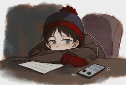 Rule 34 | 1boy, animification, beanie, black hair, blue eyes, brown jacket, cellphone, child, commentary, crossed arms, english commentary, english text, fur hat, gloves, hat, highres, jacket, male focus, on chair, paper, pen, phone, red gloves, sketch, smartphone, solo, south park, stan marsh, starmango524
