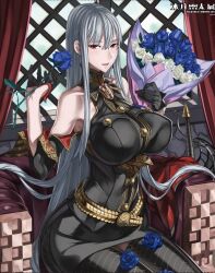 Rule 34 | 1girl, bare shoulders, bouquet, breasts, flower, gloves, grey hair, holding, holding bouquet, holding flower, honjou raita, large breasts, long hair, military, military uniform, official art, open mouth, pale skin, red eyes, selvaria bles, senjou no valkyria (series), solo, uniform, very long hair, weapon