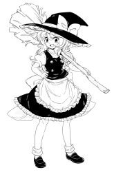 Rule 34 | 1girl, apron, back bow, black footwear, black hat, black skirt, black veil, bow, braid, broom, full body, greyscale, hair bow, hat, hat bow, highres, holding, holding broom, kirisame marisa, long hair, looking at viewer, maguro (mawaru sushi), monochrome, open mouth, puffy sleeves, shirt, short sleeves, side braid, simple background, skirt, smile, socks, solo, touhou, veil, waist apron, white background, white shirt, white socks, witch hat