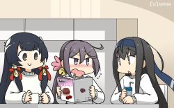 Rule 34 | 3girls, ahoge, akebono (kancolle), alternate costume, bell, black hair, blue headband, book, commentary request, dated, flower, grey eyes, grey hair, hair bell, hair flower, hair ornament, hair ribbon, hair tubes, hamu koutarou, hatsushimo (kancolle), headband, highres, jingle bell, kantai collection, long hair, low-tied long hair, mizuho (kancolle), multiple girls, one-hour drawing challenge, red eyes, ribbon, side ponytail, sidelocks, sweater, upper body, very long hair, white sweater