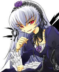 Rule 34 | 00s, 1girl, :d, black wings, dress, flower, frilled sleeves, frills, gofu, hairband, lolita hairband, long sleeves, looking at viewer, open mouth, purple dress, red eyes, rose, rozen maiden, simple background, smile, solo, suigintou, upper body, white background, wings