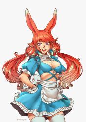 Rule 34 | 1girl, alternate costume, animal ears, breasts, commentary, cowboy shot, english commentary, gloves, highres, hololive, hololive english, iskaydi, looking at viewer, maid, medium breasts, open mouth, orange hair, purple eyes, rabbit ears, rabbit girl, short sleeves, skindentation, skirt, solo, takanashi kiara, teeth, thighhighs, tongue, twintails, twitter username, virtual youtuber, watermark