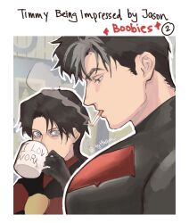 Rule 34 | 2boys, bara, batman (series), black shirt, blue eyes, brothers, bursting pectorals, cigarette, cup, dc comics, drinking, english text, highres, holding, holding cup, jason todd, large pectorals, looking at pectorals, male focus, meme, multicolored hair, multiple boys, muscle envy, muscular, muscular male, girl staring at guys chest (meme), pectoral focus, pectorals, red hood (dc), shirt, short hair, siblings, smoking, twitter username, two-tone hair, tyt tham, white hair