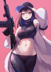 Rule 34 | 1girl, :p, absurdres, arm up, bare shoulders, baseball cap, black hat, black pants, black shirt, blue archive, blue eyes, blush, breasts, coat, commentary, cowboy shot, crop top, gun, hat, highres, holding, holding gun, holding weapon, large breasts, leggings, long sleeves, midriff, navel, noomaru (nomorepeople), off shoulder, open clothes, open coat, pants, pink background, rifle, saori (blue archive), shirt, simple background, sleeveless, sleeveless shirt, sniper rifle, solo, standing, stomach, thighs, tongue, tongue out, weapon, white coat