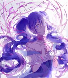 Rule 34 | 1girl, alitia, blue eyes, blue hair, ghost rule (vocaloid), hatsune miku, long hair, looking at viewer, matching hair/eyes, solo, string, string of fate, twintails, upper body, very long hair, vocaloid