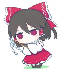 Rule 34 | 1girl, black footwear, black hair, bow, closed mouth, full body, fumo (doll), gohei, hair bow, hair tubes, hakurei reimu, highres, looking at viewer, red bow, red eyes, red skirt, rei (tonbo0430), ribbon-trimmed sleeves, ribbon trim, short hair, simple background, skirt, solo, standing, touhou, white background, wide sleeves