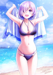 Rule 34 | 1girl, absurdres, alternate costume, artist name, beach, bikini, blush, breasts, cleavage, collarbone, commentary request, dated, day, fate/grand order, fate (series), hair over one eye, highres, holding, holding clothes, holding jacket, jacket, jewelry, karaage bou, large breasts, mash kyrielight, navel, necklace, ocean, open mouth, purple bikini, purple eyes, short hair, smile, solo, swimsuit, teeth, two-tone bikini, upper teeth only, water, white bikini