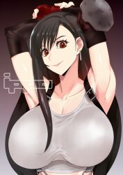 Rule 34 | 1girl, absurdres, armpits, arms behind head, arms up, black background, black hair, breasts, brown background, brown eyes, detached sleeves, earrings, final fantasy, final fantasy vii, fingerless gloves, gloves, gradient background, highres, huge breasts, ippo, jewelry, lips, long hair, looking at viewer, mousepad, overalls, shirt, smile, tifa lockhart, white shirt